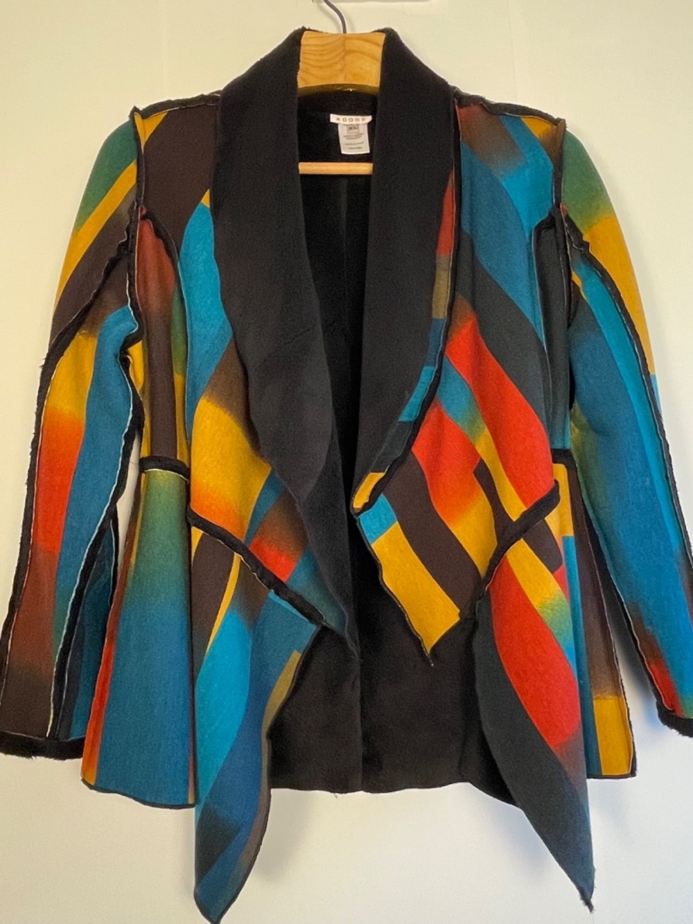 ADORE Patchwork Jacket Coat Open Front Fleece Collar Multicolor XL Boho Artsy - Picture 6 of 14